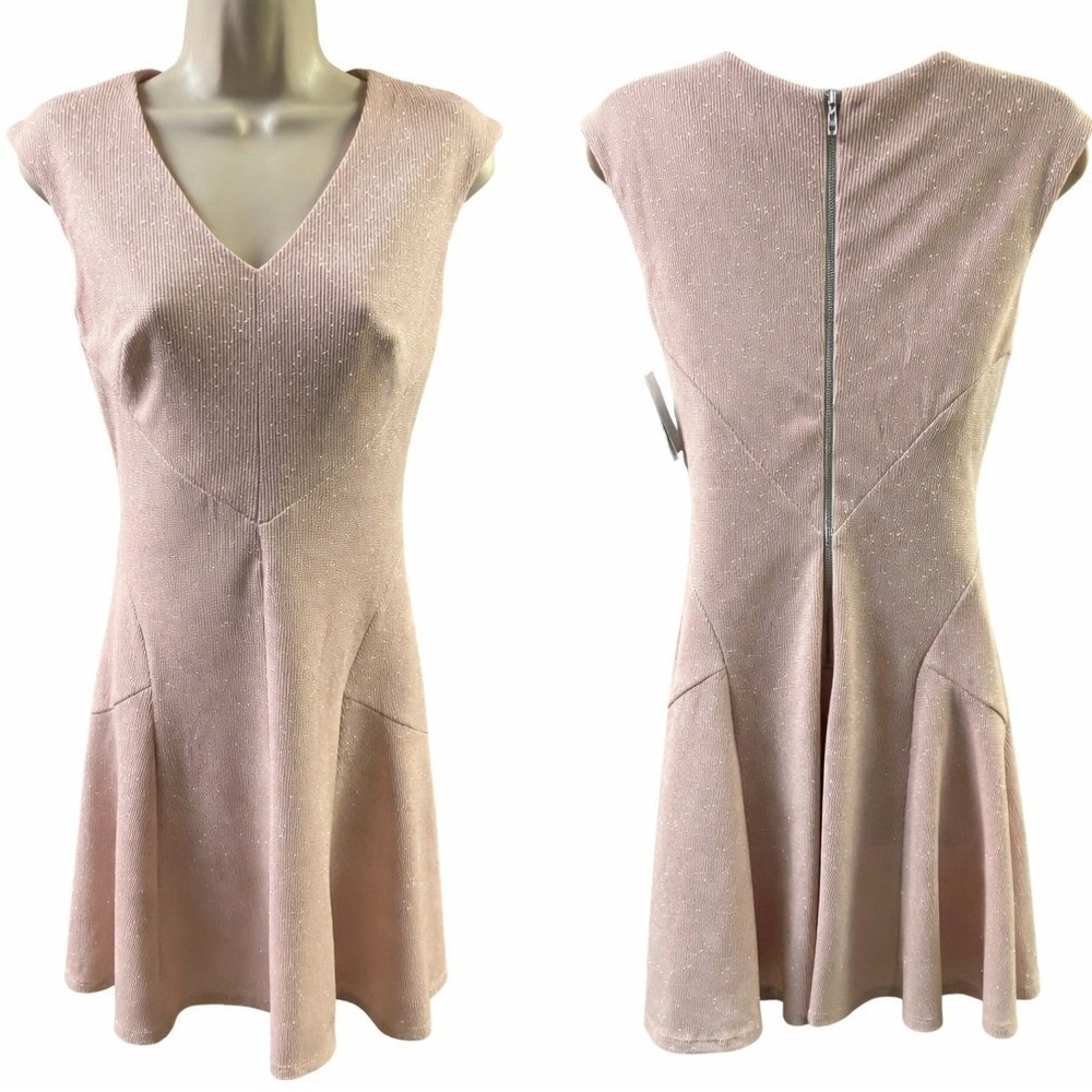 Roz & Ali Fit and Flare Dress Women Size 4 Pink Sparkle Sleeveless V-Neck Party